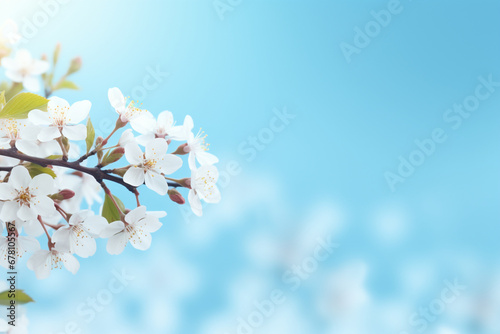 Pretty spring blossom nature background with white blooming of tree at blue sky with sunshine, banner, soft light photography