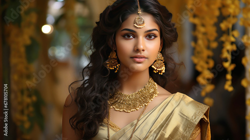 Beautiful indian woman in traditional saree and jewelery