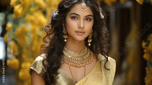 Beautiful indian woman in traditional saree and jewelery