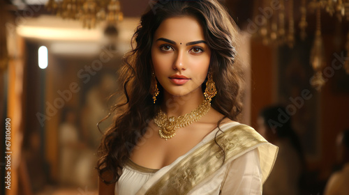 Beautiful indian woman in traditional saree and jewelery