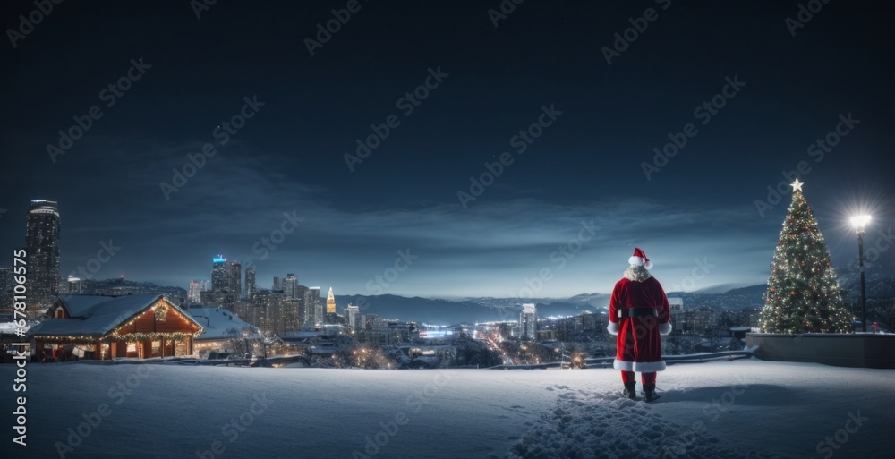 Back view of Santa Claus standing on Christmas night and looking on city. new year