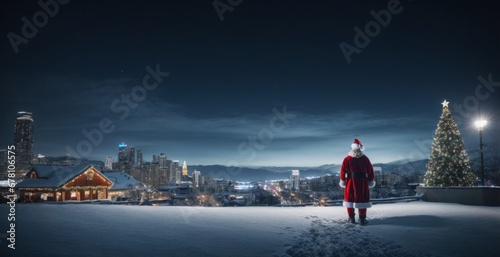 Back view of Santa Claus standing on Christmas night and looking on city. new year