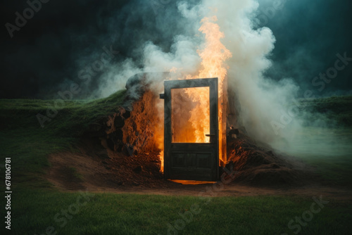 The door to hell, the gates of hell that await after death, Lucifer. background of green grass