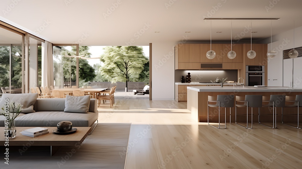 Fototapeta premium A modern minimalist home interior design with clean lines, sleek furniture, and neutral color palette, featuring an open-concept living space connected to a spacious kitchen, bathed in natural light 
