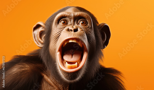 Portrait of a Chimpanzee showing his teeth. Open mouth. Orange background © Ruslan Gilmanshin