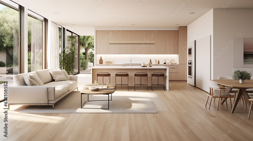 Fototapeta premium A modern minimalist home interior design with clean lines, sleek furniture, and neutral color palette, featuring an open-concept living space connected to a spacious kitchen, bathed in natural light 