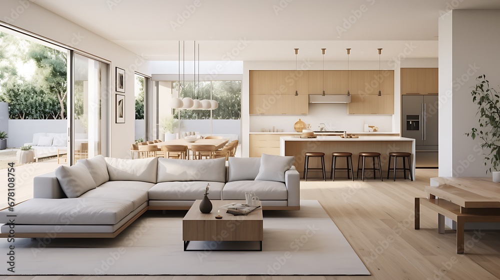 Fototapeta premium A modern minimalist home interior design with clean lines, sleek furniture, and neutral color palette, featuring an open-concept living space connected to a spacious kitchen, bathed in natural light 