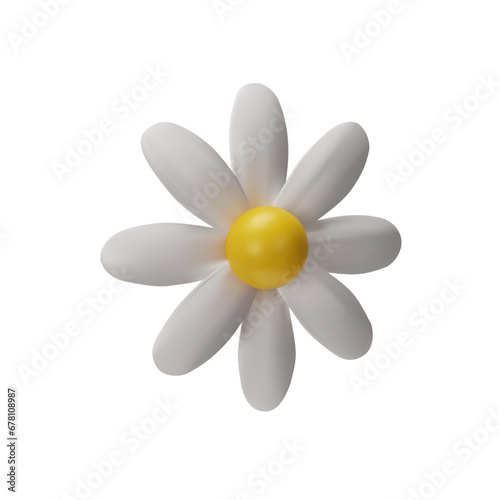 3D render daisy. Vector illustration of summer flower. Realistic fresh blossom in white and yellow color. Fresh chamomile right side in clay style. Botany decoration element for bouquet.