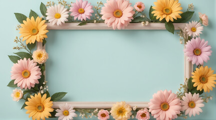 Flower framework for photo blue background,colorful flowers,Generative Ai