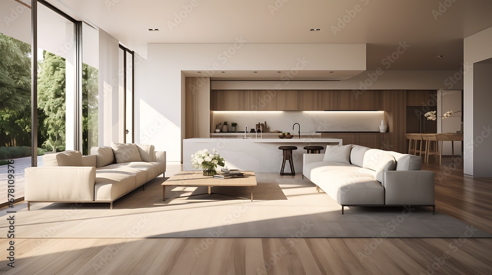 Fototapeta premium A modern minimalist home interior design with clean lines, sleek furniture, and neutral color palette, featuring an open-concept living space connected to a spacious kitchen, bathed in natural light 