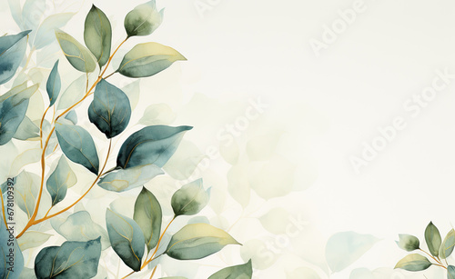 Watercolor branches with green leaves on a pale background with space for text for cards and wedding invitations