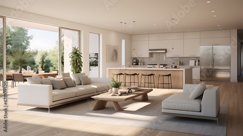 A modern minimalist home interior design with clean lines, sleek furniture, and neutral color palette, featuring an open-concept living space connected to a spacious kitchen, bathed in natural light 