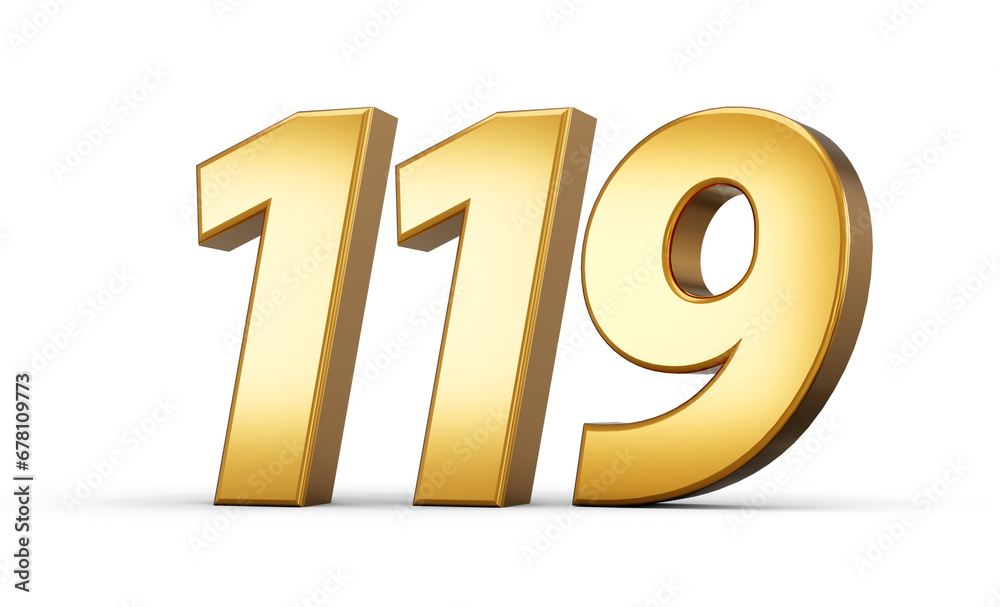 3d number 119 one hundred ninteen Gold text isolated on white background with reflection 3d illustration 3d number 119 one hundred ninteen Gold text isolated on white background with reflection 3d illustration