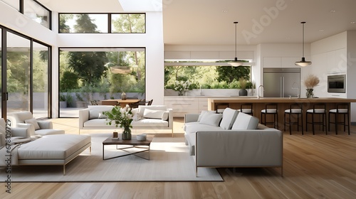A modern minimalist home interior design with clean lines, sleek furniture, and neutral color palette, featuring an open-concept living space connected to a spacious kitchen, bathed in natural light  photo