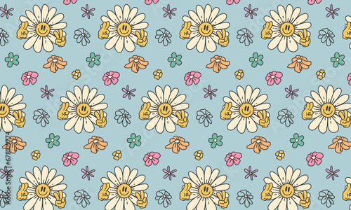 groovy flower background, retro hippie seamless pattern, vector illustration
