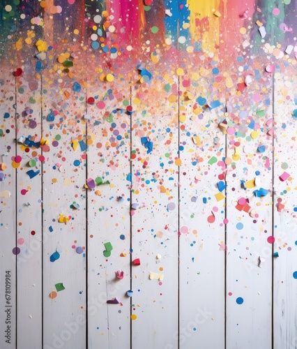 Colorful Confetti Explosion on White Wooden Background