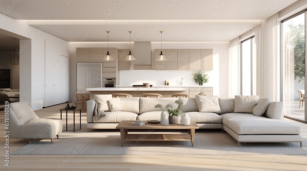 A modern minimalist home interior design with clean lines, sleek furniture, and neutral color palette, featuring an open-concept living space connected to a spacious kitchen, bathed in natural light A modern minimalist home interior design with clean lines, sleek furniture, and neutral color palette, featuring an open-concept living space connected to a spacious kitchen, bathed in natural light