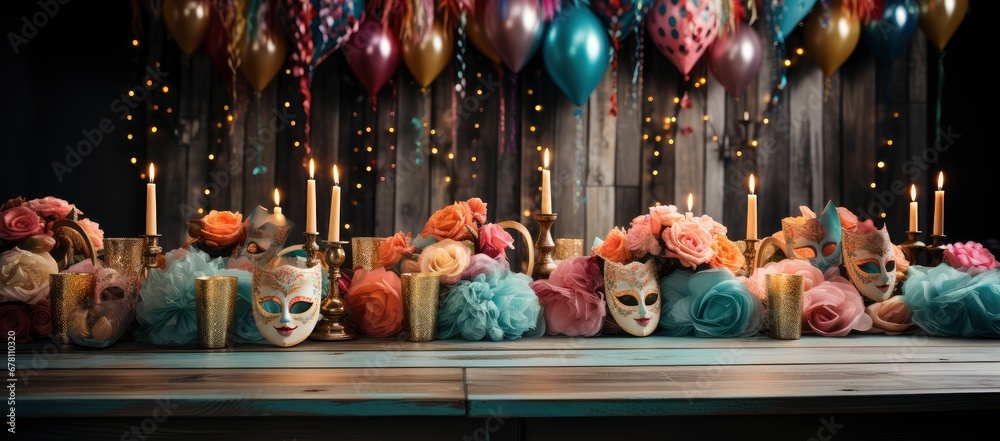 Naklejka premium A collection of colorful Venetian masks and golden goblets, evoking a festive and mysterious masquerade ambiance.
