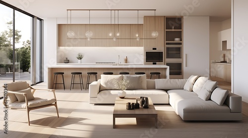A modern minimalist home interior design with clean lines  sleek furniture  and neutral color palette  featuring an open-concept living space connected to a spacious kitchen  bathed in natural light 