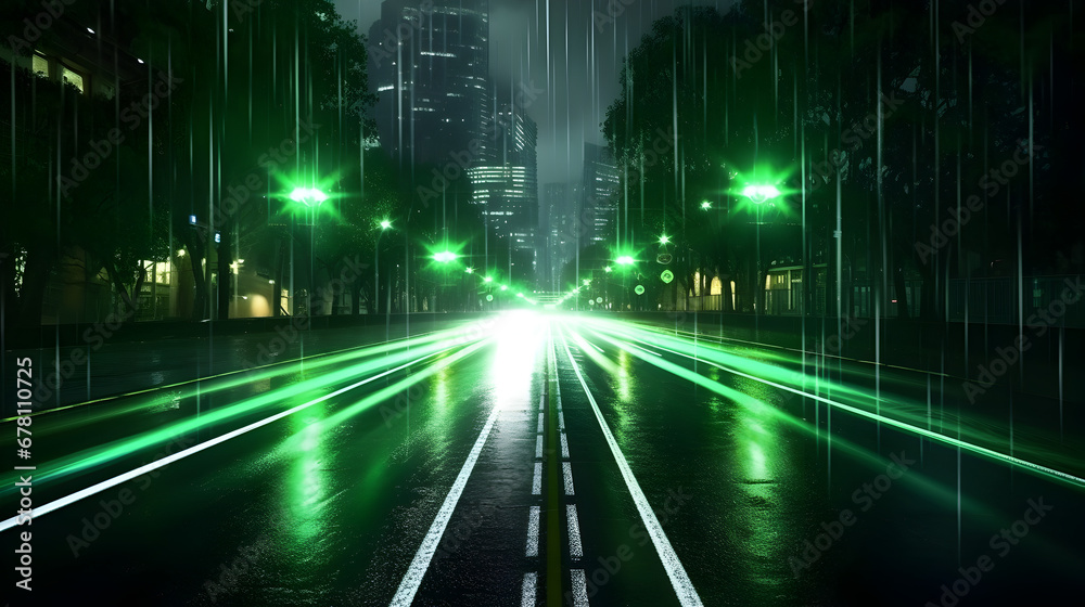 A green midnight neon light mood in green traffic lights and skyscrapers, rainy downtown streets with light reflections, dark backdrop wallpaper