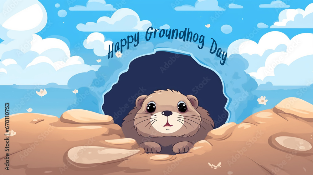 Naklejka premium the funny cartoon groundhog is in a hole with text 