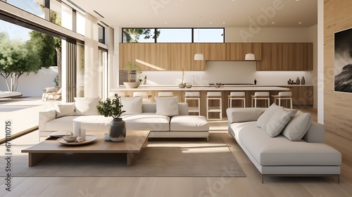 A modern minimalist home interior design with clean lines  sleek furniture  and neutral color palette  featuring an open-concept living space connected to a spacious kitchen  bathed in natural light 