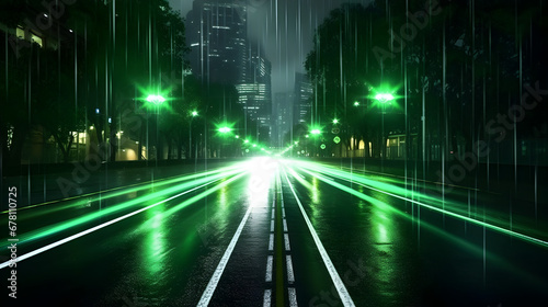 A green midnight neon light mood in green traffic lights and skyscrapers  rainy downtown streets with light reflections  dark backdrop wallpaper