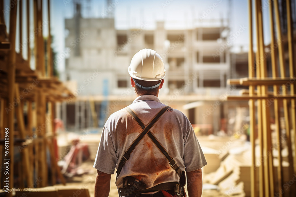Rear View of a Builder, Architect or Construction Worker on Building Site Rear View of a Builder, Architect or Construction Worker on Building Site