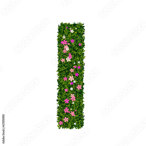 Letter I with green leaves and flowers 