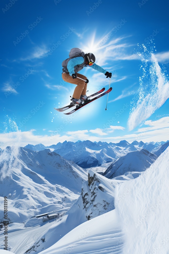 free photos of a skier performing a backflip skies crossed, blue skies with mountains in the background