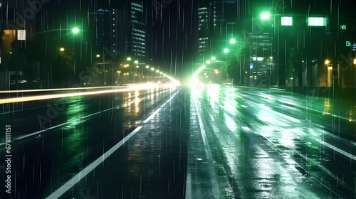 A green midnight neon light mood in green traffic lights and skyscrapers  rainy downtown streets with light reflections  dark backdrop wallpaper