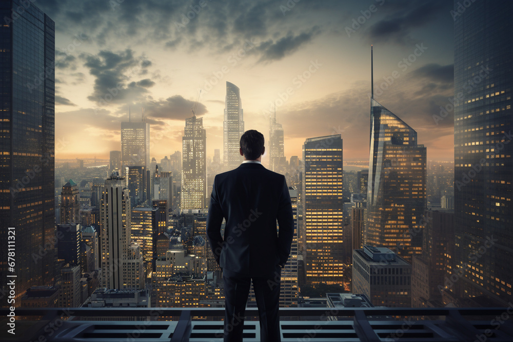 Rear view of a businessman in a suit looking at a cityscape, There are skyscrapers in the background, Concept of city development, soft light photography Rear view of a businessman in a suit looking at a cityscape, There are skyscrapers in the background, Concept of city development, soft light photography