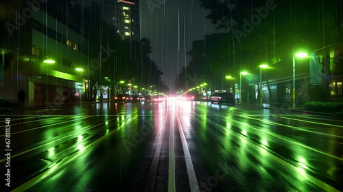 A green midnight neon light mood in green traffic lights and skyscrapers, rainy downtown streets with light reflections, dark backdrop wallpaper
