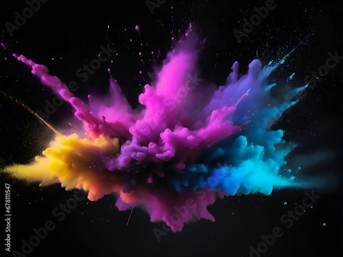 Color powder particle explosion on dark background