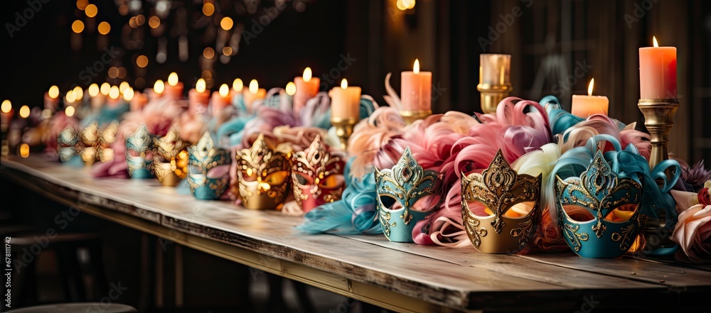 A collection of colorful Venetian masks and golden goblets, evoking a festive and mysterious masquerade ambiance. - obrazy, fototapety, plakaty 