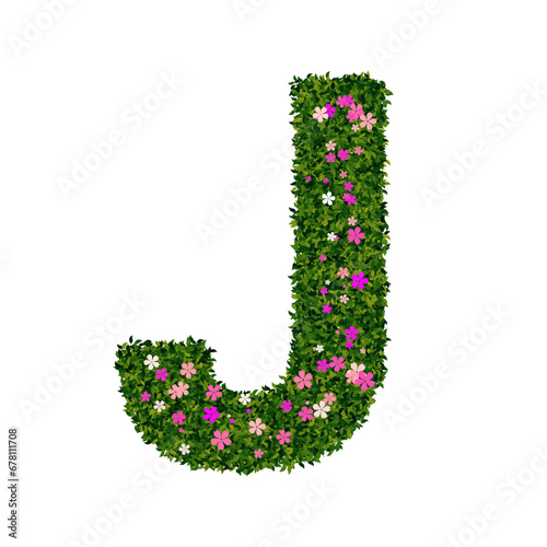 Letter J with green leaves and flowers 