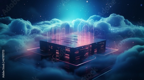 Server rack bathed in soft pink glow amidst clouds symbolizing cloud servers, dedicated servers and shared CPU for virtual private server, secure and reliable cloud based computing service photo