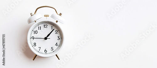 Retro alarm clock on white uniform background. Time to work or get up concept. Generative AI