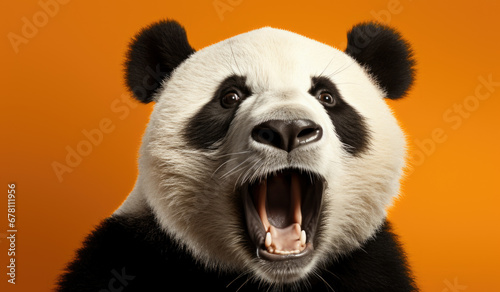 Portrait of a Panda showing his teeth. Open mouth. Orange background.