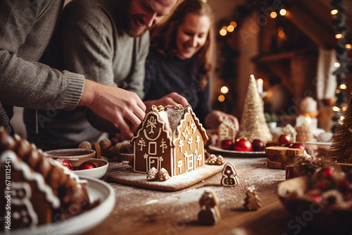 A family makes Christmas gingerbread houses at the festive table