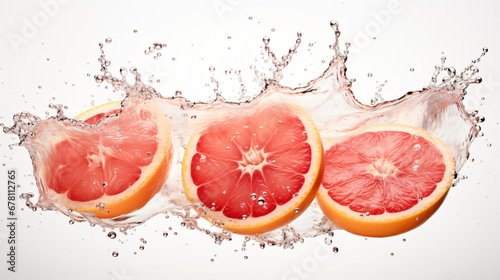 Water splash on grapefruits on white background