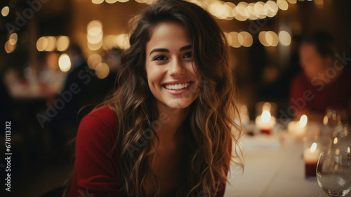 Portrait of beautiful young woman smiling at camera while sitting in restaurant.
