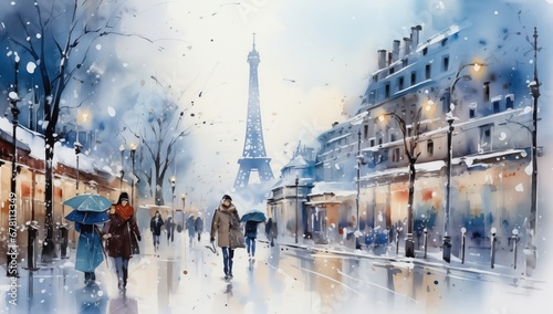 Winter Paris in watercolor style by Generative AI