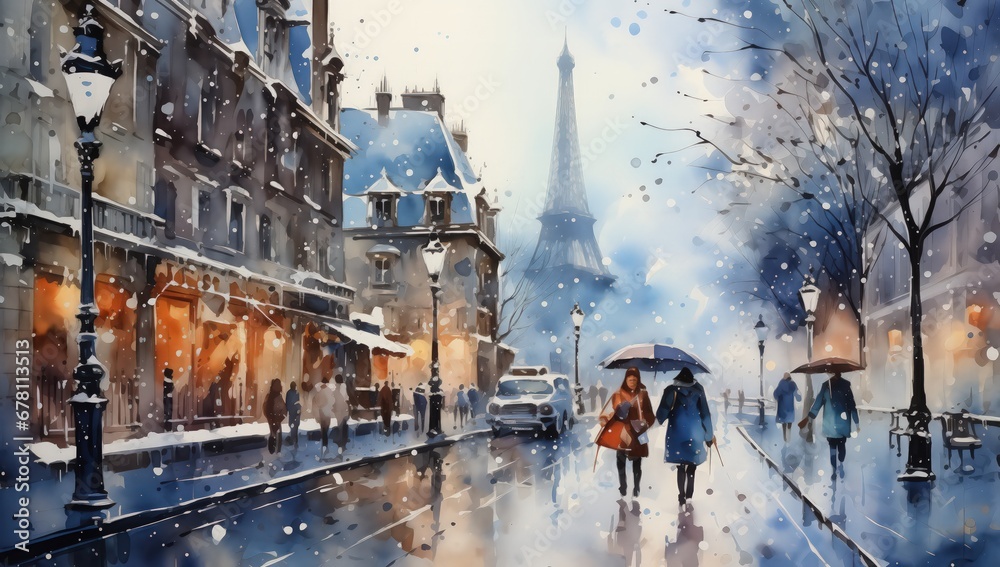 Winter Paris in watercolor style by Generative AI