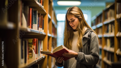 Caucasian female student in glasses reads book standing near shelves in university library. Obtaining knowledge at educational institution. Lady enjoys experience of curiosity and perseverance photo