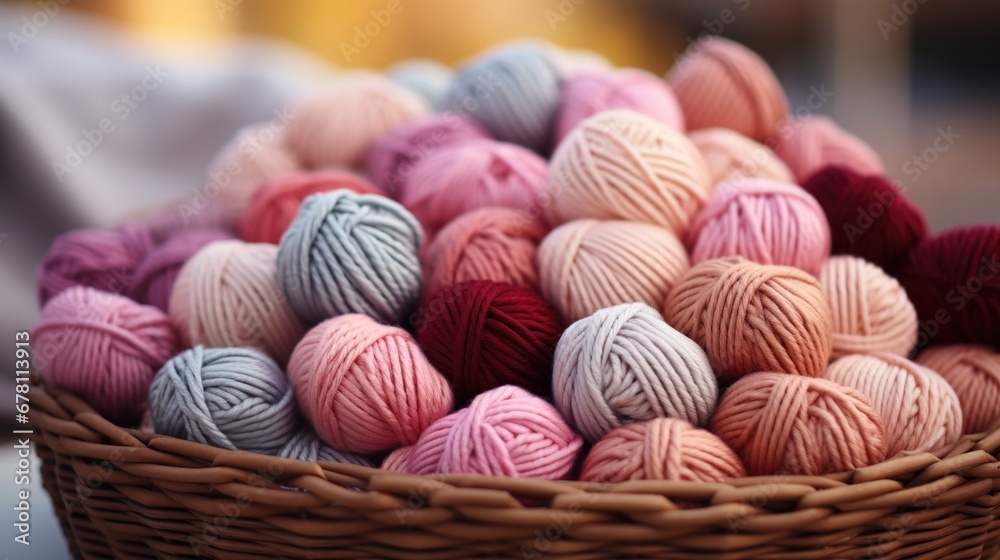 Obraz premium Close-up of coloured skeins of wool thread in a wooden basket. Cosy hobby concept. Generative AI