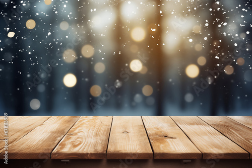wooden surface and blurry winter christmas background