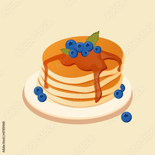 Pancakes with blueberries and syrup icon vector. Pile of pancakes on a plate, Pancake Day. vector