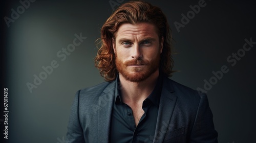 Handsome groomed man with red hair and beard on dark background. photo