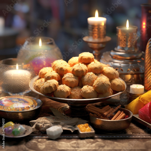 Indian sweets called laddoo in plate for diwali festival photo